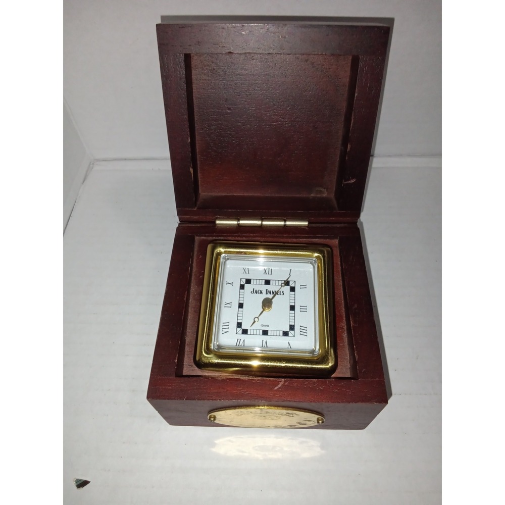 Jack Daniels Wooden Box Desk Clock, Quartz Analog, Square, Roman Numerals, Brown